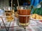 Coffee with deep-fried dough stick and soft boiled eggs, local thai food and drink.