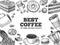 Coffee and desserts. Hand drawn hot drinks and pastries for cafe or bakery, fast food sweet breakfast engraved vintage