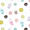 Coffee with donut tasty pattern. Vector snack illustration. Cute print with cup and cake. Breakfast morning food. Sweet