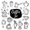 Coffee doodles icons set. French press, cup of coffee, latte, cappuchino, espresso, grinder, pots, coffee beans, creamer