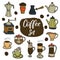 Coffee doodles icons set. French press, cup of coffee, latte, cappuchino, espresso, grinder, pots, coffee beans, creamer