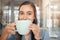 Coffee drink, face portrait and woman drinking hot chocolate, tea cup or relax morning beverage for hydration wellness