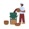 Coffee factory worker puts beans into grinder, flat vector illustration isolated.