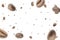Coffee falling bean background. Black espresso coffee bean flying on white. Aromatic grain fall isolated. Represent