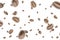 Coffee falling bean background. Black espresso coffee bean flying on white. Aromatic grain fall isolated. Represent