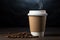 Coffee filled paper cup against a stark black background, minimalist elegance