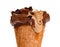 Coffee flavor ice cream cone with chocolate melting close up on white with clipping path