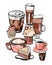 Coffee glass and mugs with cakes and cupcakes. Vector outline sketch hand drawn illustration in brown colors