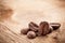 Coffee grains on wooden table