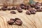 Coffee grains on wooden table