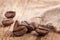 Coffee grains on wooden table