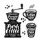 Coffee grinder, espresso label set. Cafe, hot drink, cup icon or logo. Handwritten lettering vector illustration