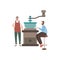 Coffee grinder and tiny people - cartoon barista and client drinking
