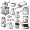 Coffee Hand Drawn Collection. Sketch Illustration Set With Turk Cups Bag With Beans Maker Kettle Cups Latte Cinnamon