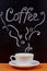 Coffee handwritten inscription on chalkboard and cup of cappuccino on wooden table.