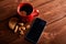 Coffee and Homemade cookies with chocolate. Handmade Chocolate cookies and cup of espresso on wooden table. Pile of delicious chip