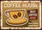 Coffee house metal plate rust, cafe bar menu sign