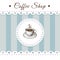Coffee house retro poster or banner design with cup of coffee, lacy paper frame on blue striped background. vintage round coffe