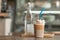 Coffee with ice capucino frape cup drink on wooden desk with blurred coffee shop