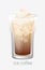 Coffee ice glass. Brown cappuccino latte ice cubes thick foam.