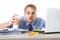 Coffee junkie businessman holding take away cup looking with crazy eyes and funny face expression overworked