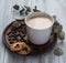 Coffee latte, flovers, top view cup mug beans breakfast morning rustic morning light cookies