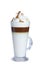 Coffee latte macchiato, whipped cream, cinnamon, glass mug. Isolate on white background