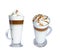 Coffee latte macchiato, whipped cream, cinnamon, glass mug. The photo. Isolate.