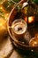 Coffee latte in a wicker basket tray with garland