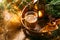 Coffee latte in a wicker basket tray with garland