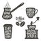 Coffee lettering in cup, grinder, pot shapes. Modern calligraphy quotes about coffee.