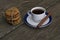 Coffee and linking of oatmeal cookies on the right