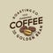 Coffee logo. Golden Bean Coffee emblem. Roasted and one golden coffee beans with letters.