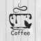 Coffee logotype. Stylized coffee cup icon on wooden background. Vector