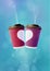 Coffee Love Poster Template. Pink and Violet Ripple Cups with a White Heart on a Blue Sky Background
