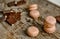 Coffee macaroons on a wooden background with dark chocolate. Nice snack for tea. Delicious and cute gift set.