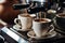 Coffee machine pouring espresso coffee, close up