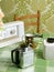 Coffee machine retro kitchen green tablecloth