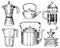 Coffee maker or grinder, french press, measuring capacity, Chinese teapot or kettle. Chef and kitchen utensils, cooking