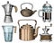 Coffee maker or grinder, french press, measuring capacity, Chinese teapot or kettle. Chef and kitchen utensils, cooking