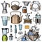 Coffee maker or grinder, french press, measuring capacity, colander or blender. Chef and dirty kitchen utensils, cooking