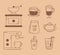 Coffee manual roasting machine kettle frappe cold fresh icons in brown line