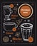 Coffee menu Christmas specials design template. Hand drawn vector sketch of different hot drinks and New Year decorations