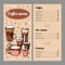 Coffee menu design template with list of hot drinks and desserts. Vector outline colorful hand drawn illustration
