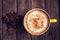 Coffee mocha hot and coffee beans on wooden table