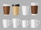 Coffee mockup cups. Blank white and brown mugs for hot coffee. Realistic vector template of paper and ceramic cups