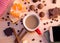 Coffee mood, coffee beside chocolate waffles coffee grains