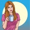 Coffee morning A beautiful woman drinking coffee Illustration vector On pop art comic style Colorful soft background