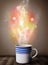 Coffee mug with abstract steam and colorful lights