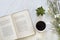 Coffee mug and book with plants on table